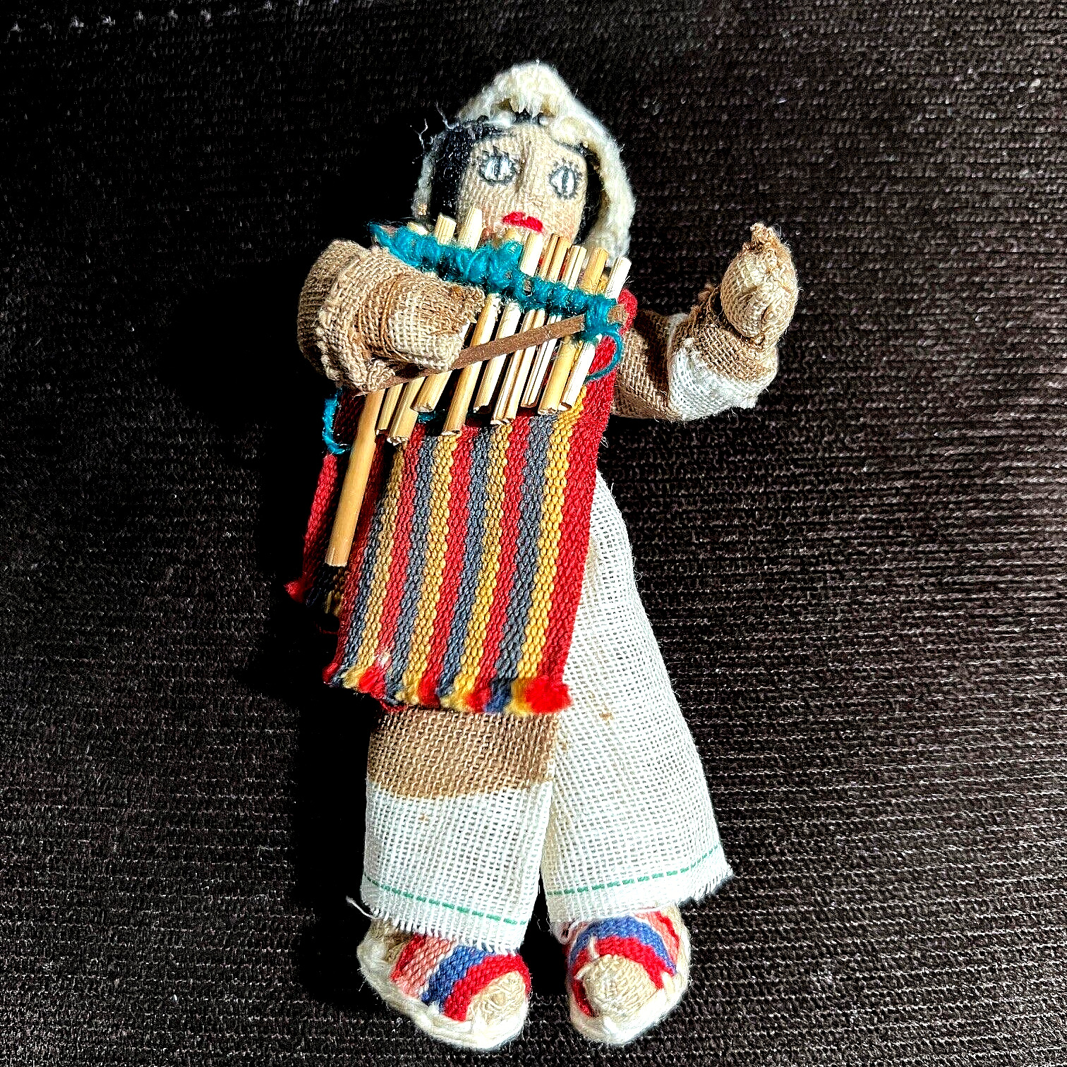 Authentic Vintage Peru Folkart Doll Hand Crafted with Pan Flute 4.5\