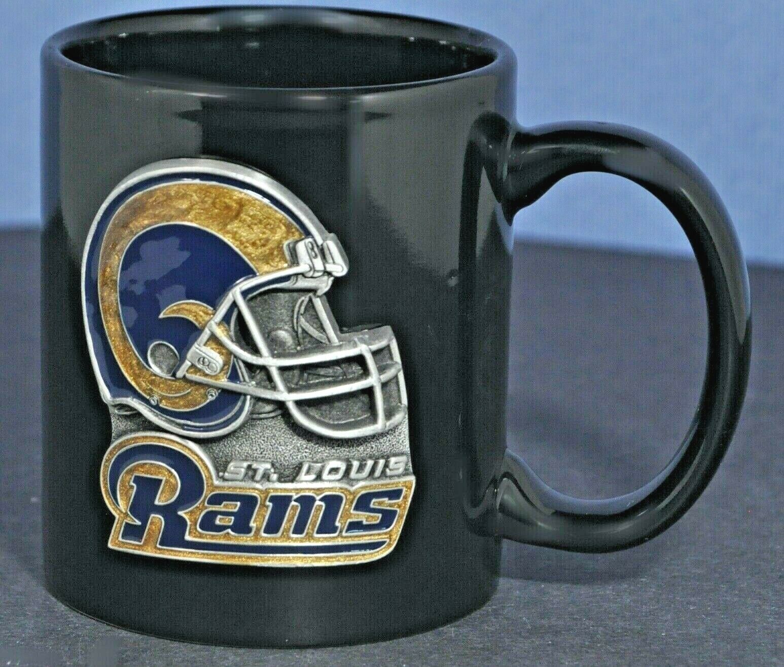 St. Louis Rams Pewter Emblem Beverage Mug / Coffee Cup 11oz. Blk