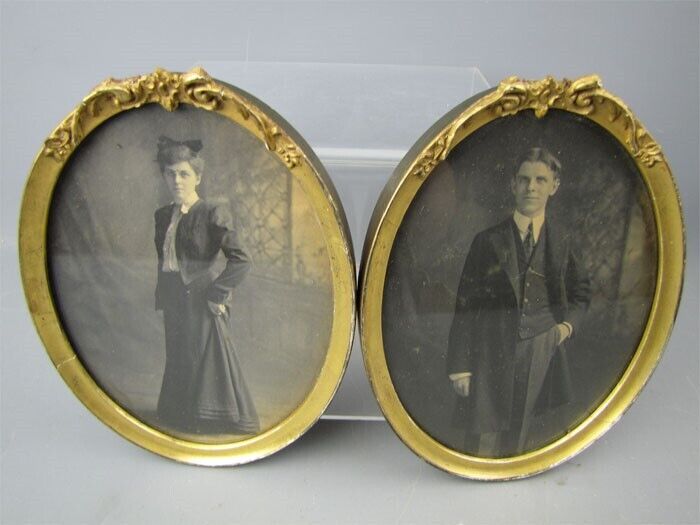 2 Matching Antique Framed Photographs Man & Wife West Somerville, Mass