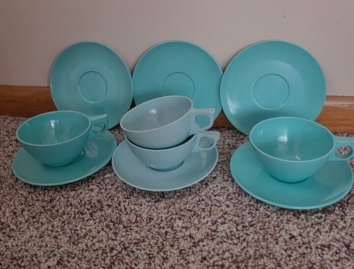 10pc Melmac Saucers And Mugs - Turquoise/Blue- Stetson Ovation Melmac 