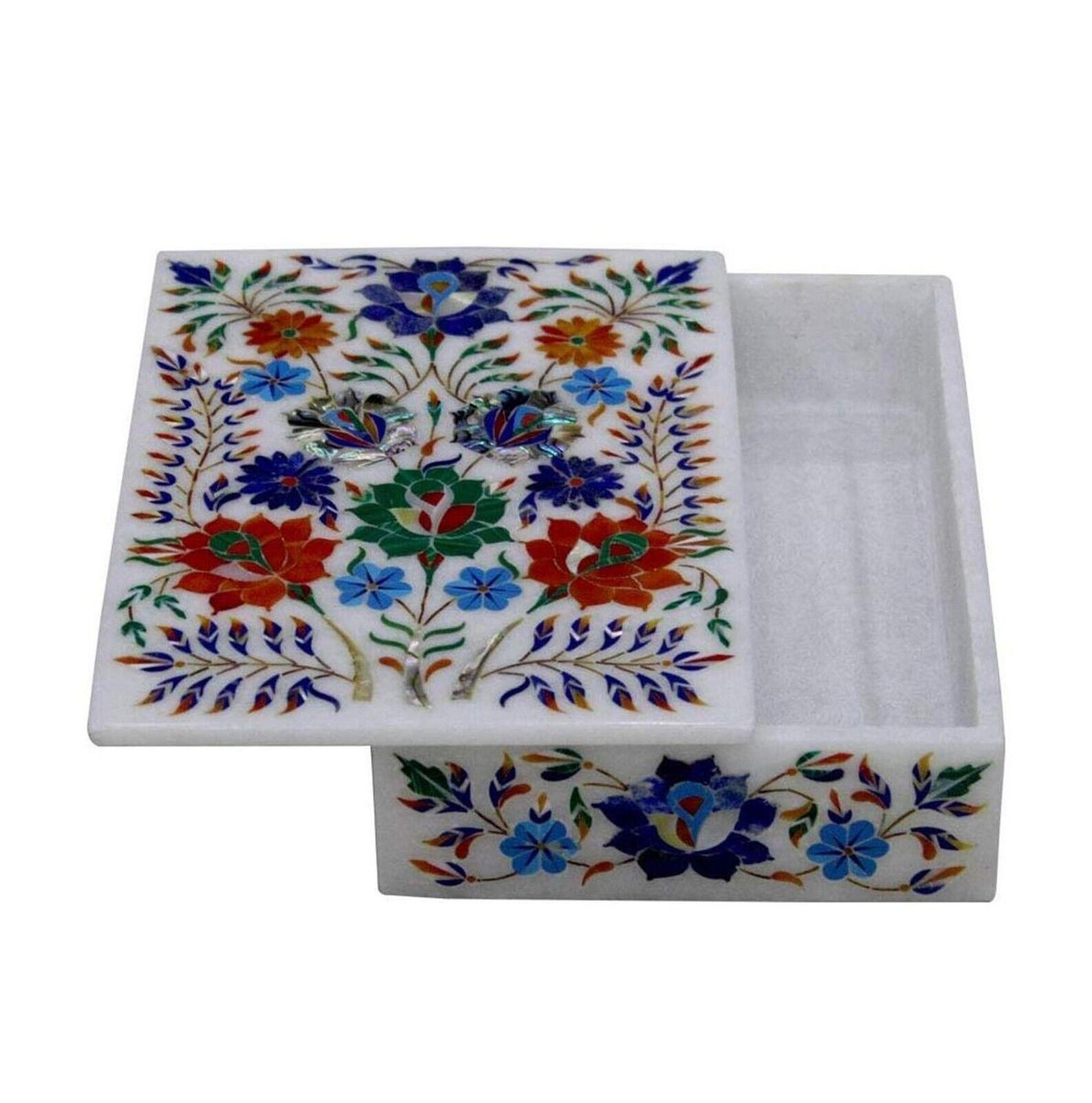 Rectangle White Marble Jewelry Box Gemstone Inlay Work Office Accessories Box