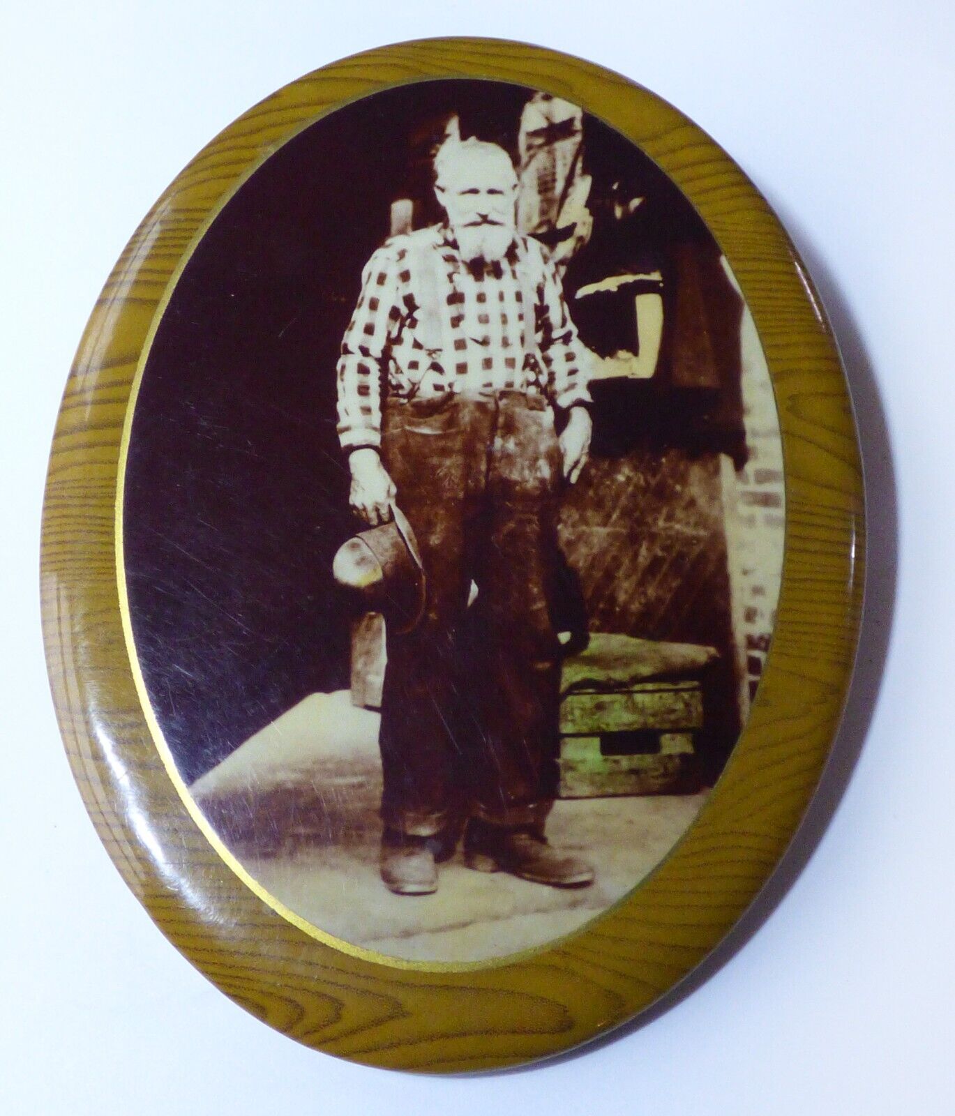Vintage Oval Celluloid Photo Old Man Tin Button Portrait 5\