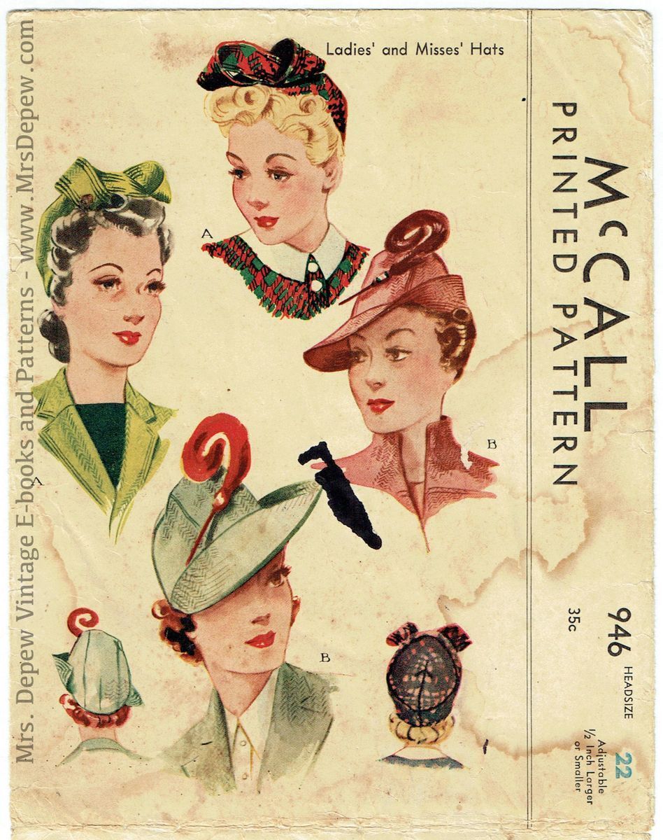 Rare 1940s Vintage McCall 946 Sewing Pattern Jaunty Hats in 2 Versions Size 22