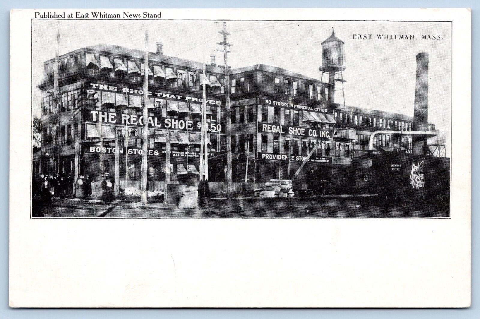 c1906 postcard EAST WHITMAN MASS NEWS STAND PC BOSTON. STORES REGAL SHOE FACTORY