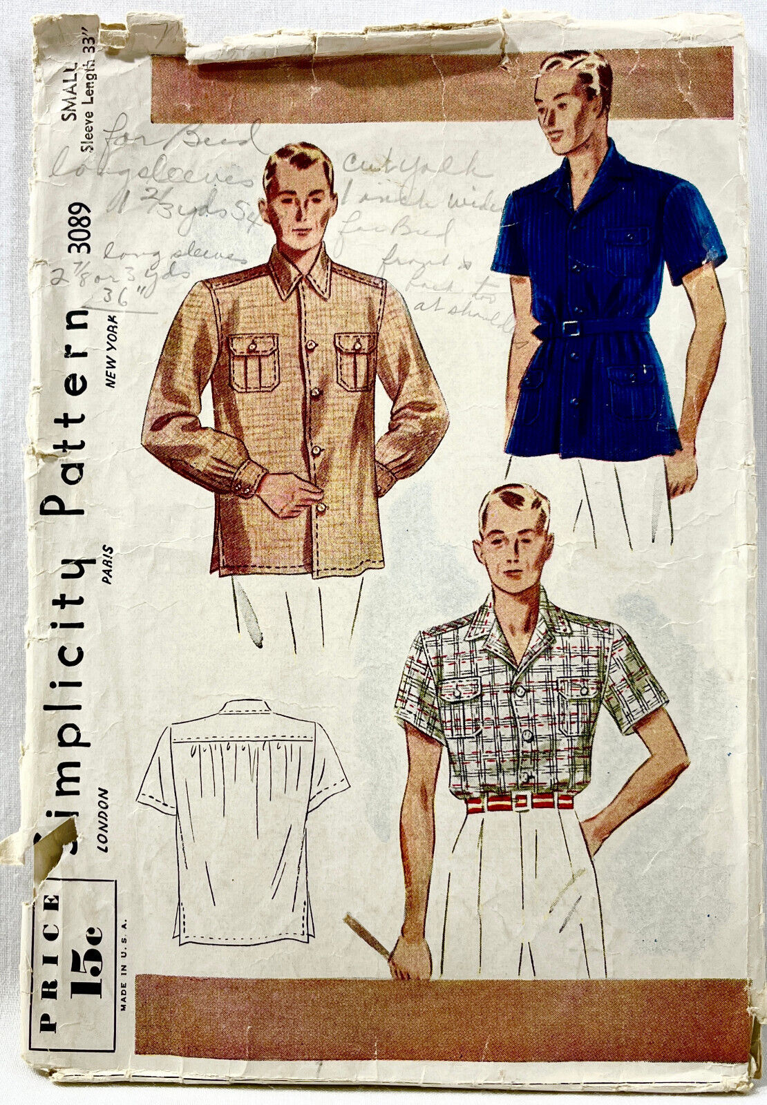 1930s Simplicity Sewing Pattern 3089 Mens Sport Shirts 3 Styles Size S Vtg 13143