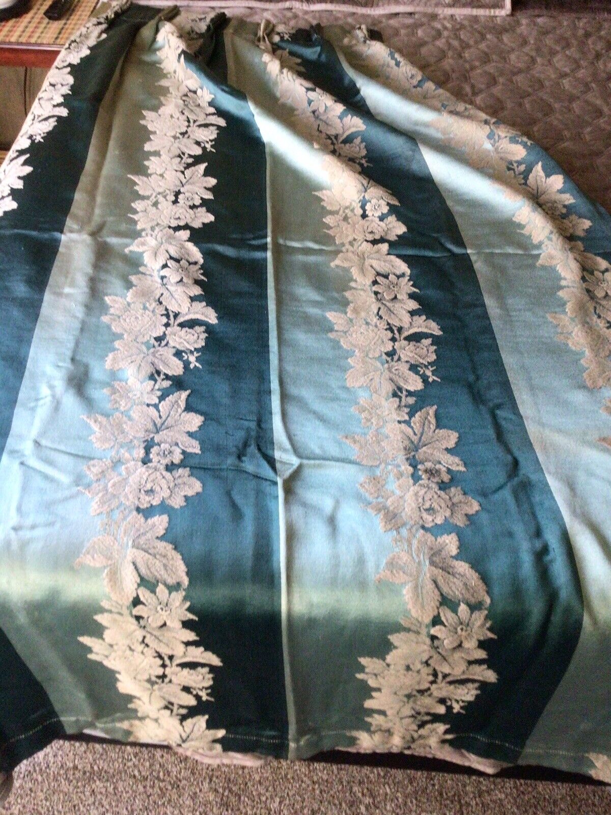 ANTIQUE BROCATELLE DAMASK CURTAIN PANELS NOT REPRO TEAL AND TAUPE BROCADE