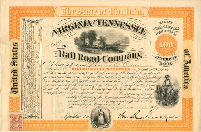 General William Mahone - Virginia and Tennessee Railroad Co. $100 Bond - Autogra