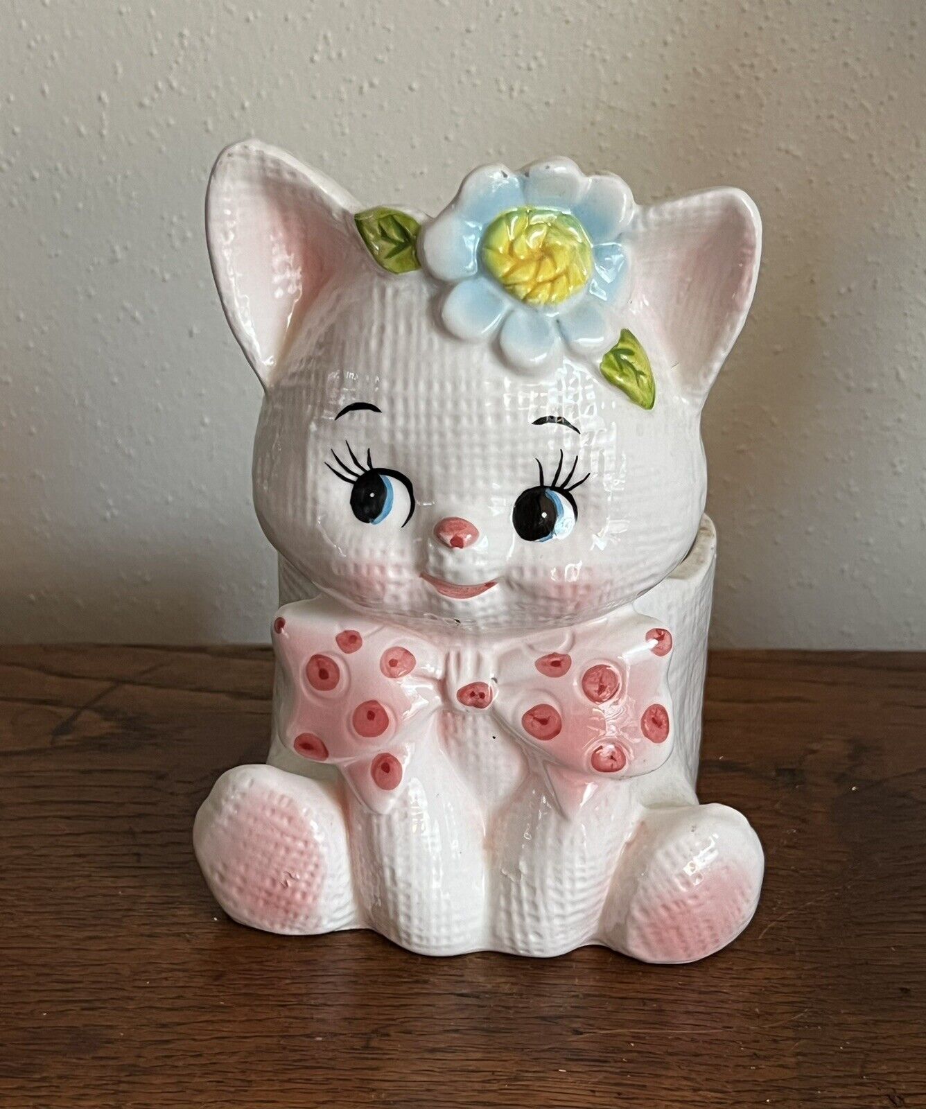 Antique Fenton Ceramic Kitten Planter 5741 Polka Dot Bow & Flower Made In Japan