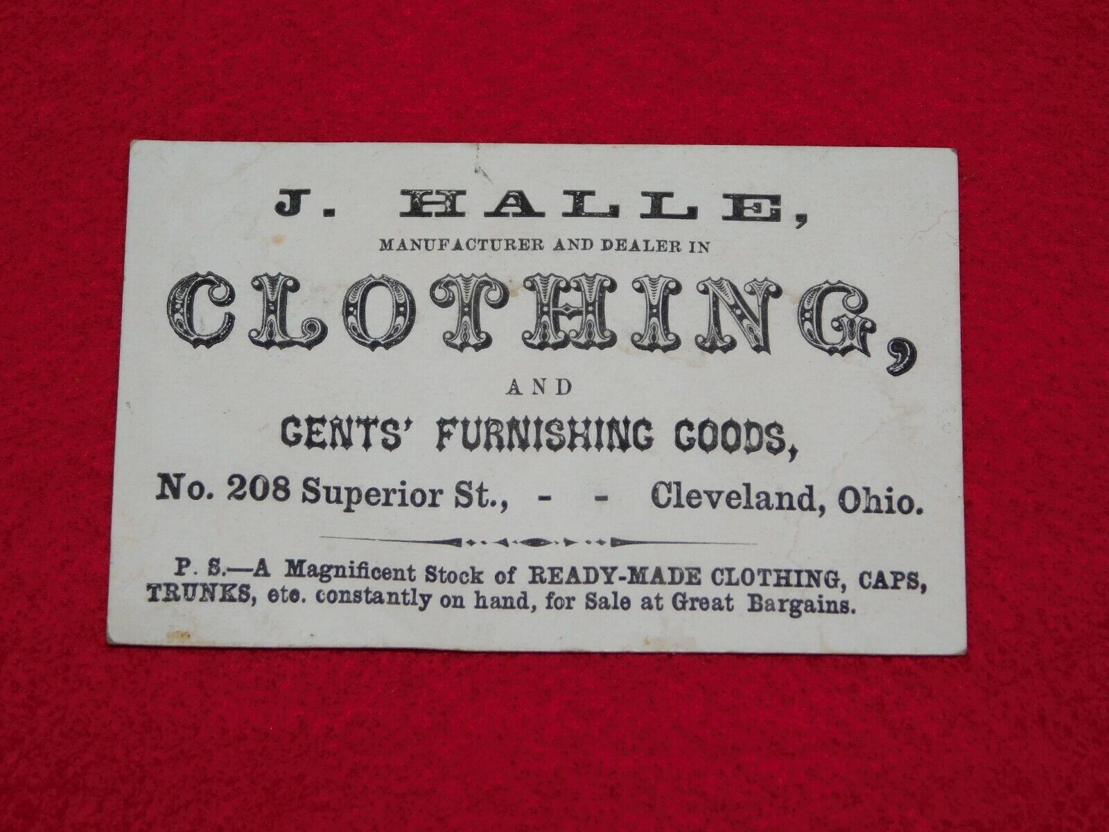 VINTAGE J HALLE CLOTHING GENTS FURNISHING GOODS CLEVELAND OHIO BUSINESS CARD