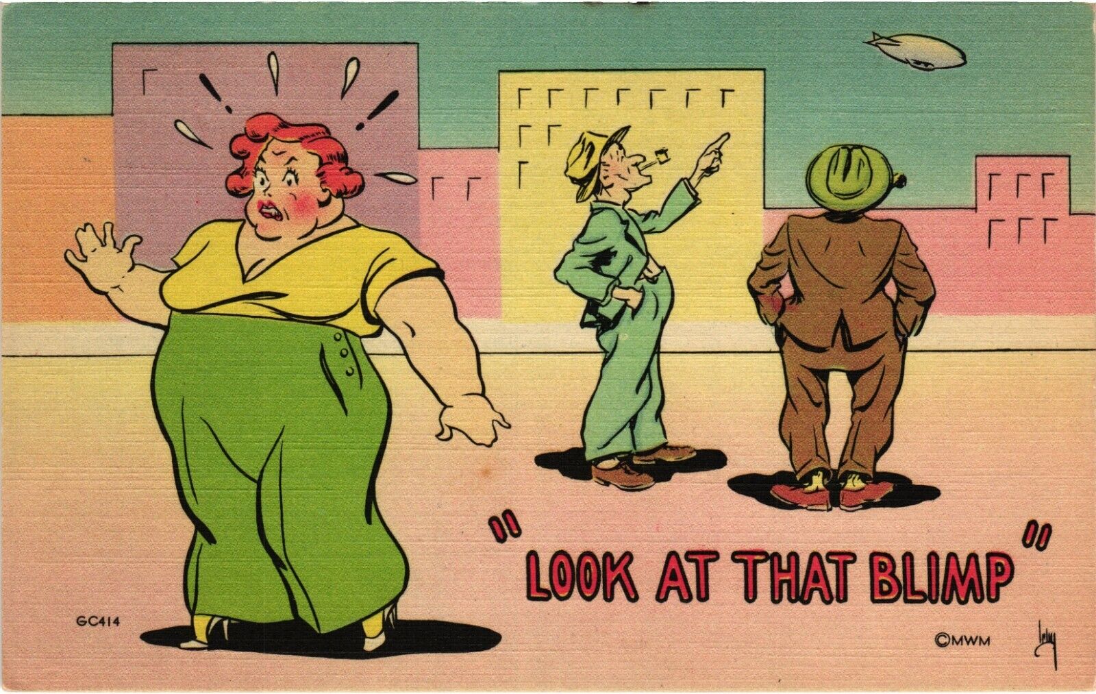 Comic Postcard Look At That Blimp Large Woman Men Pointing At Sky Unposted