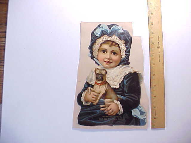 1880s GIANT VICTORIAN DIE CUT SCRAP LITTLE GIRL W/ PUG DOG ADVERTISING SHOES VG+