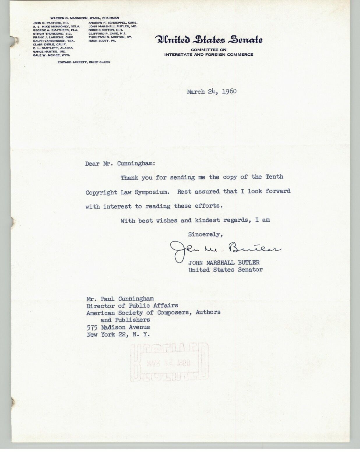 Senator John Marshall Butler Signed Letter to Paul Cunningham ASCAP 1960