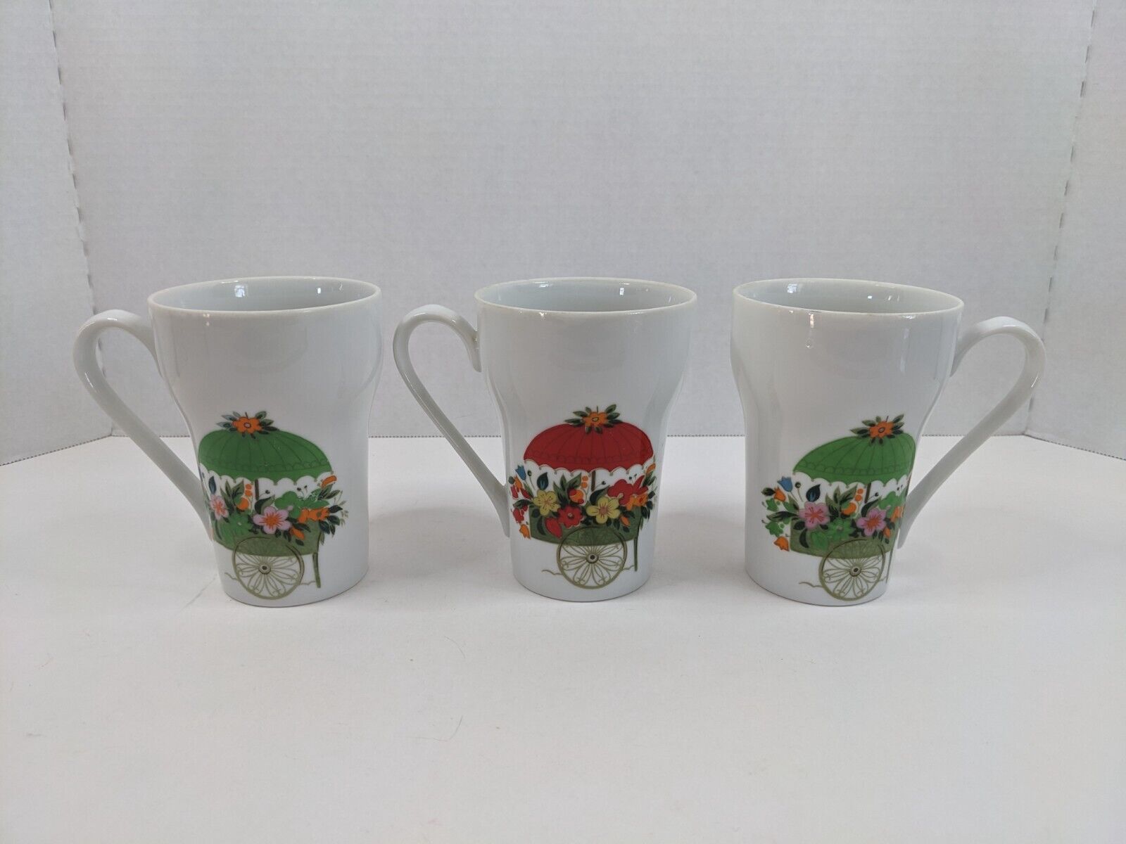 Set of 3 Stylecraft 1960s Mugs Red & Green Flower Carts Umbrella Matching Coffee