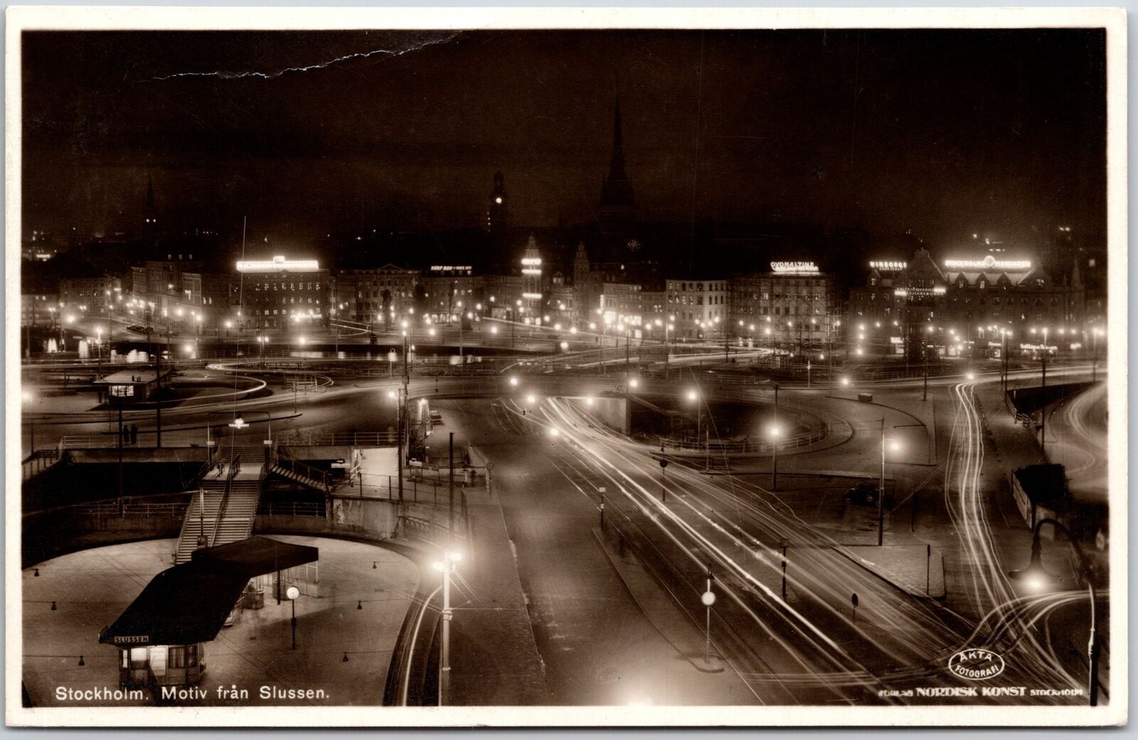 Stockholm Motiv Fran Slussen Sweden Night Lights Buildings RPPC Photo Postcard