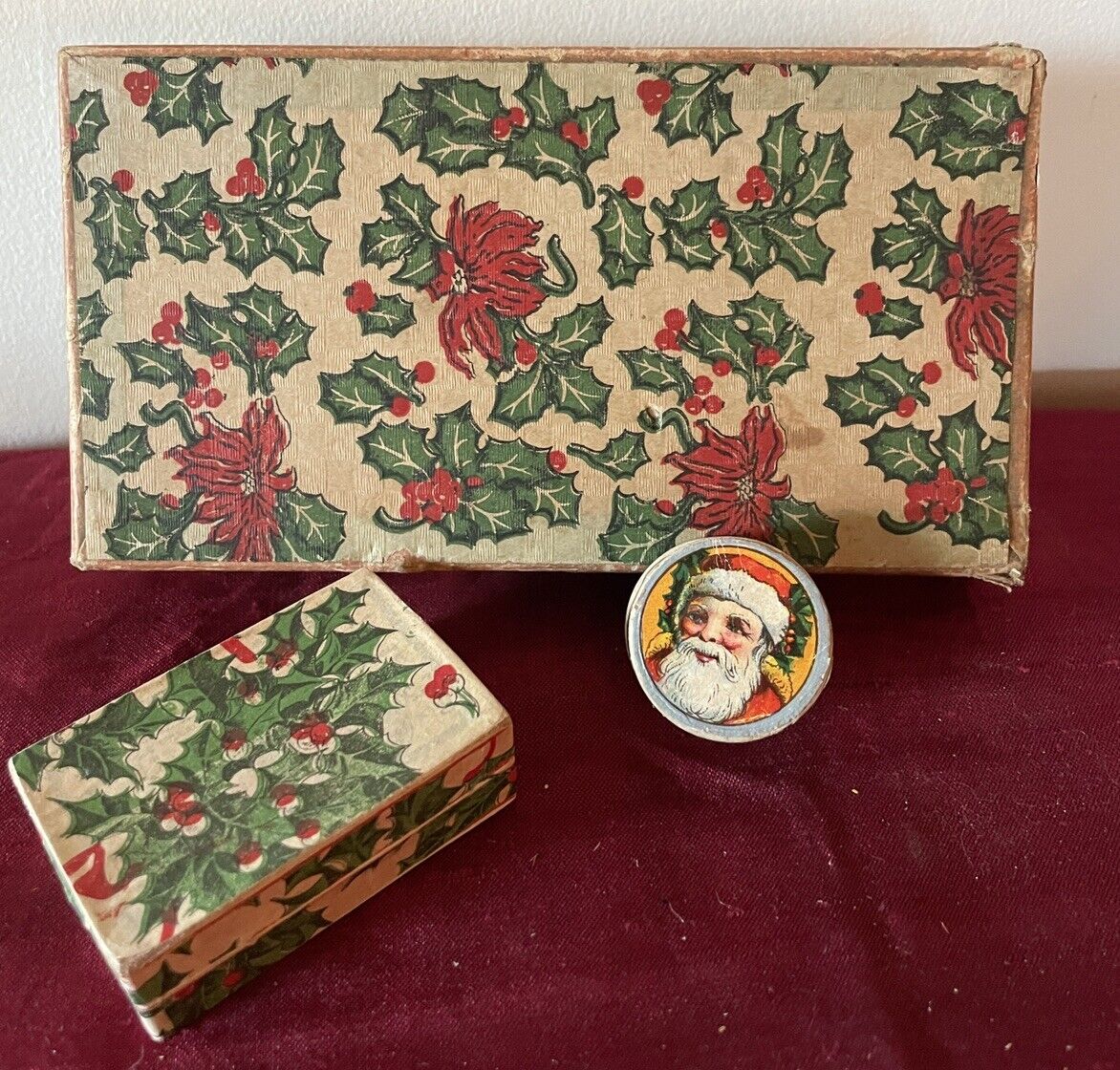 3 Antique Victorian Box Boxes with Paper Litho Christmas Santa Claus Holly