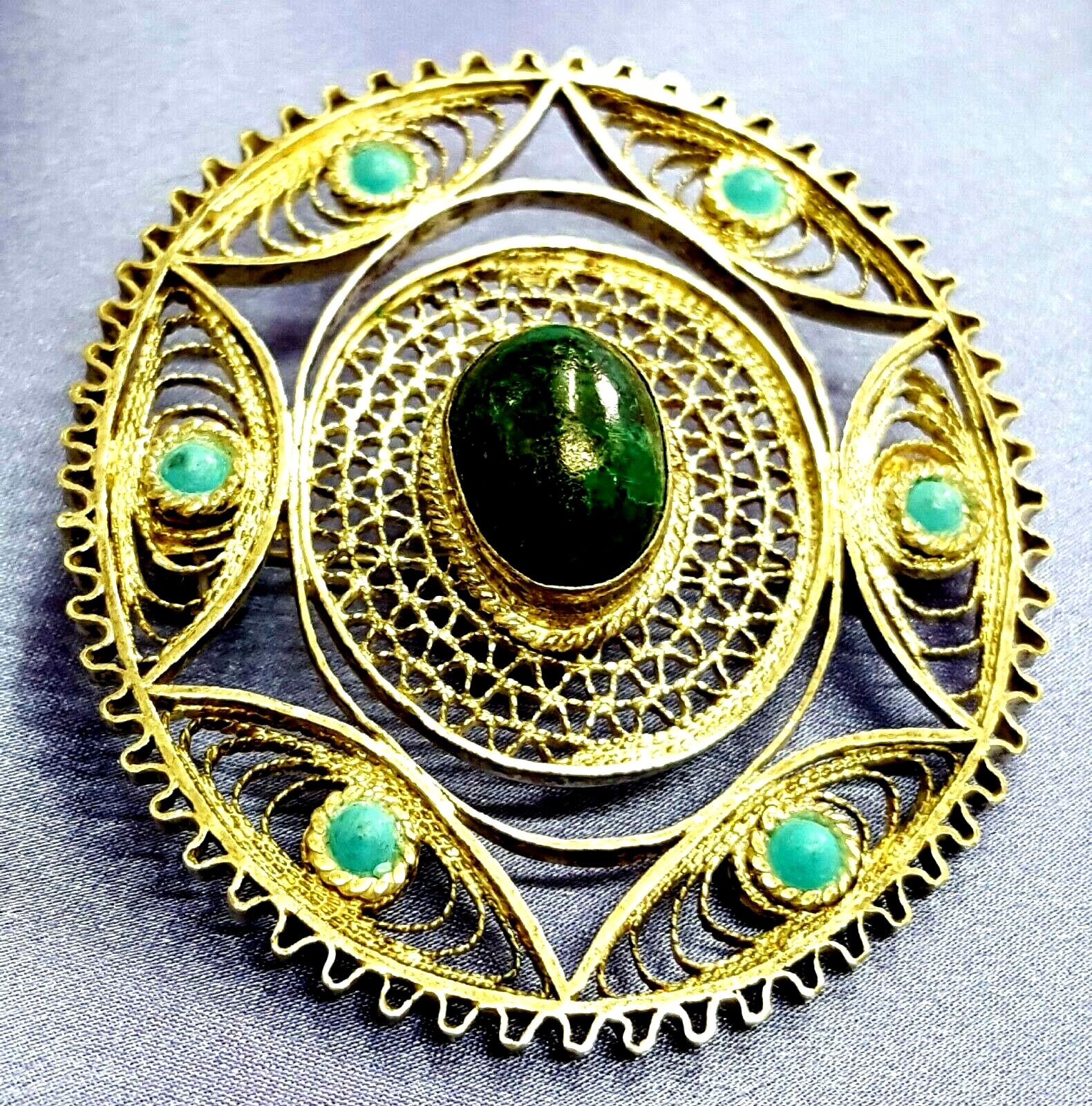 Broach 925 silver Signed filigree Signature of Israel set with Turquoise stones.