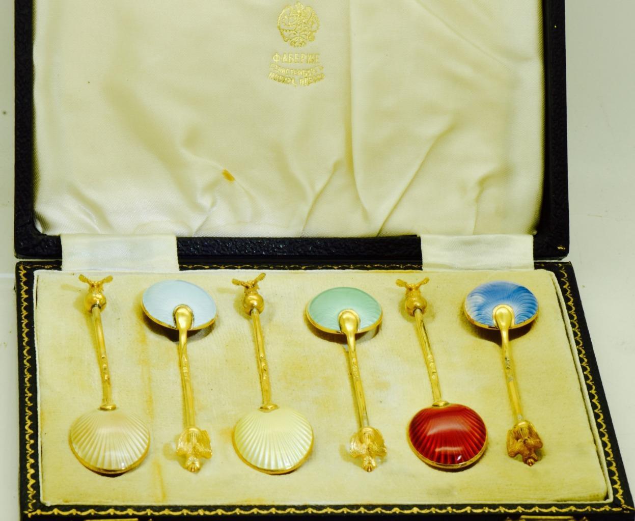 Antique Imperial Russ Faberge Tea Spoons Gilt Silver Enamel Tsar\'s Era