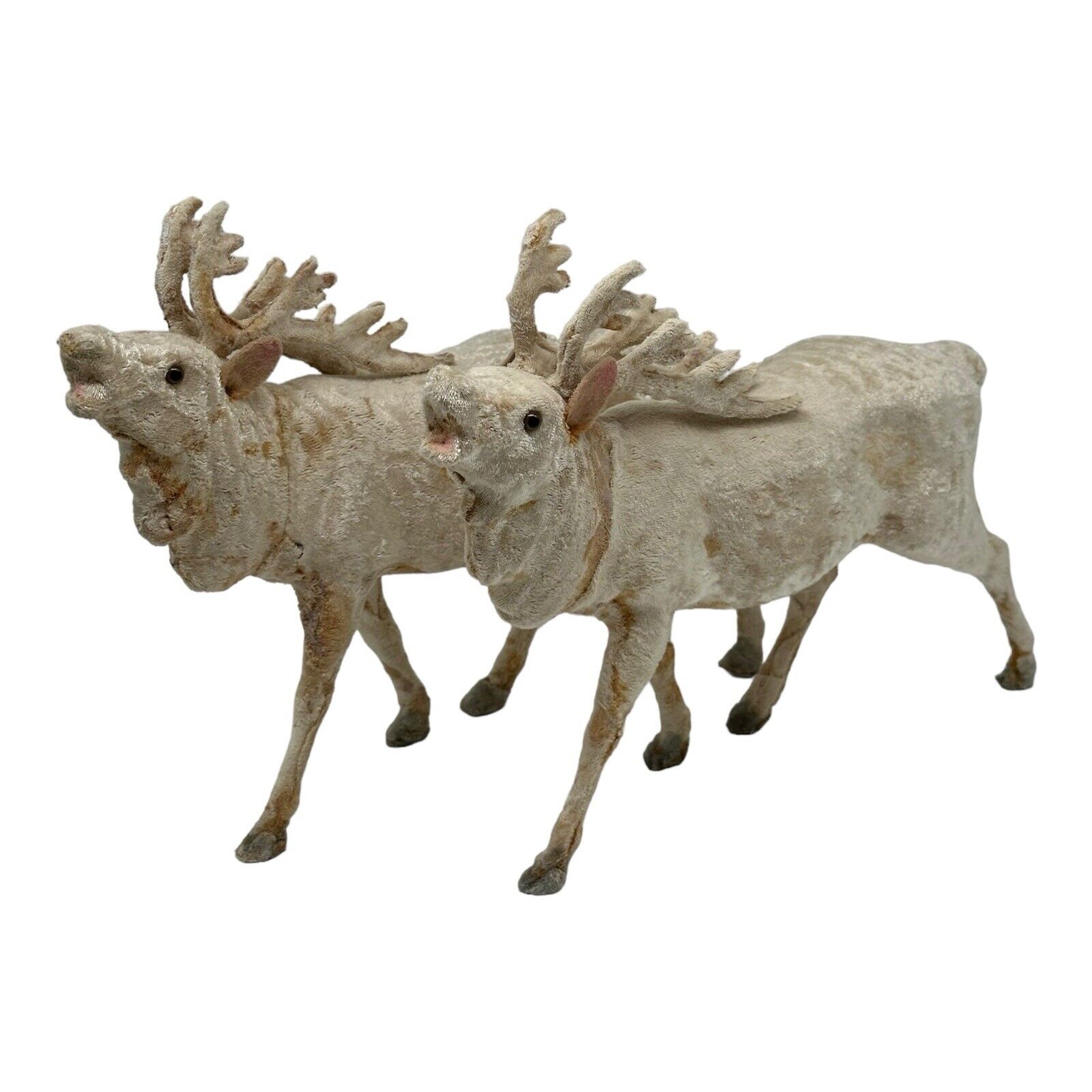 2 Vintage Large Beige Velvet Reindeer Buck Christmas Figurines Felt Ears 10.5”