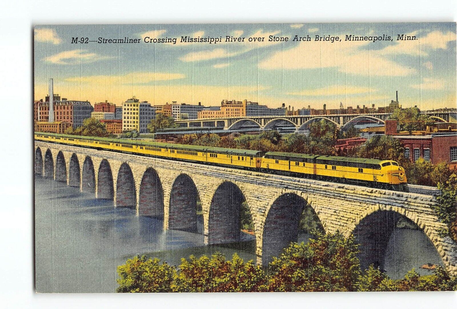 Old Vintage Train Postcard Streamliner Crossing Mississippi River Minneapolis MN