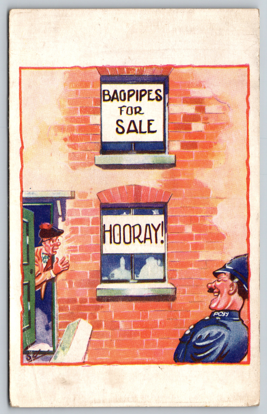 c1910s Bag Pipes For Sale Hooray Police Officer Laughing Vintage Postcard