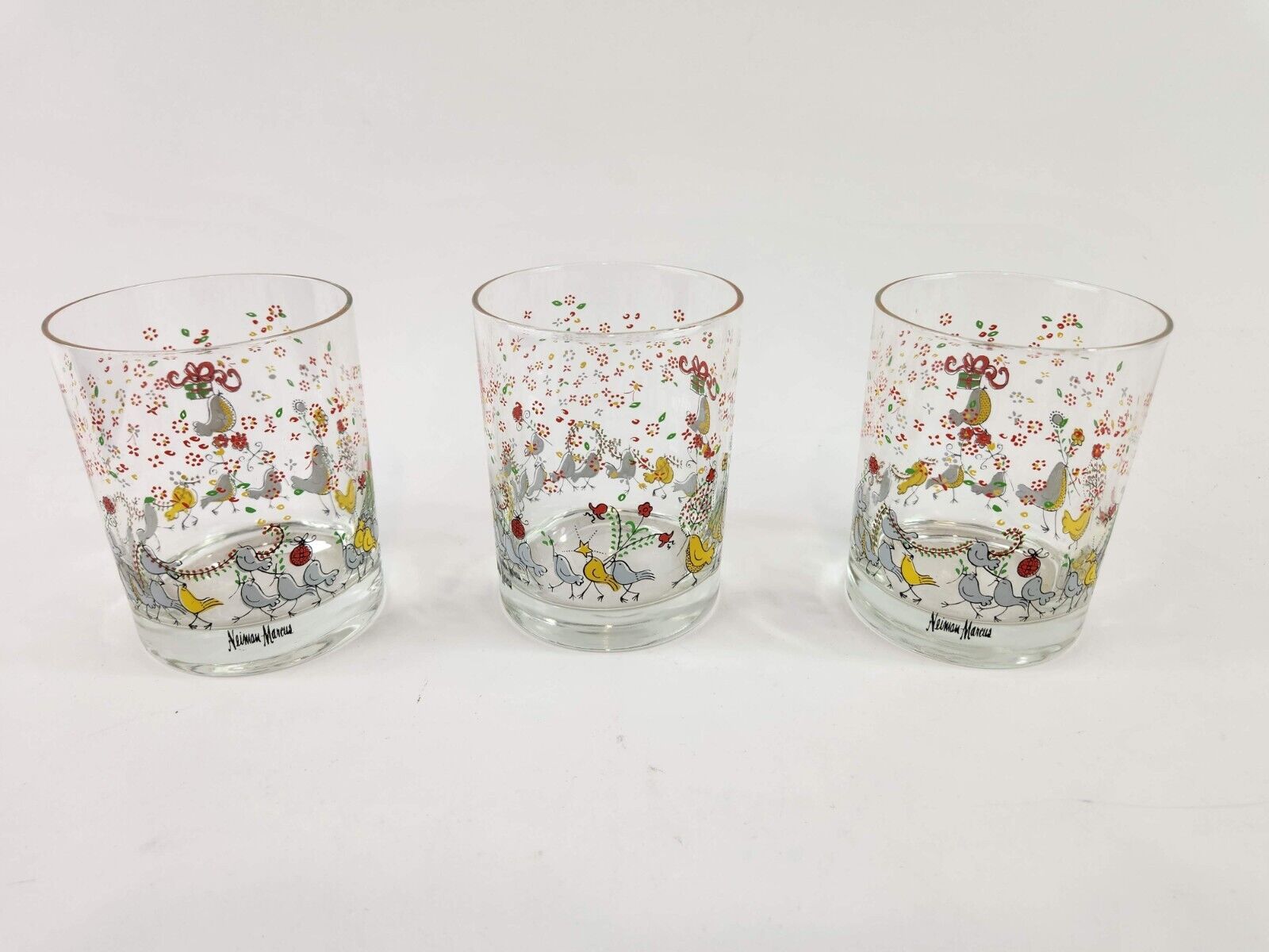 3 Neiman Marcus Partridge Doves Birds Christmas Old Fashioned Glasses Tumblers