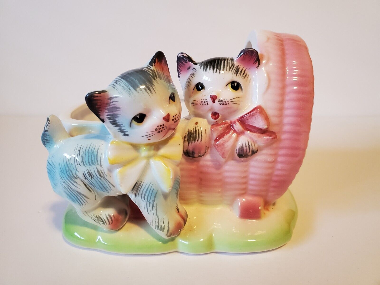 Vintage Ceramic Marco Kittens In Cradle Basket Bassinet Planter Japan