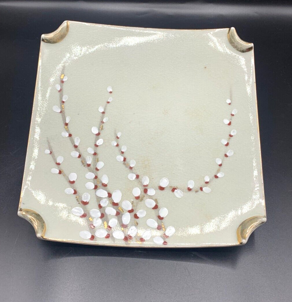 Vintage Japanese Square Ceramic Crackel Glazed Cherry Blossom Decorator Plate