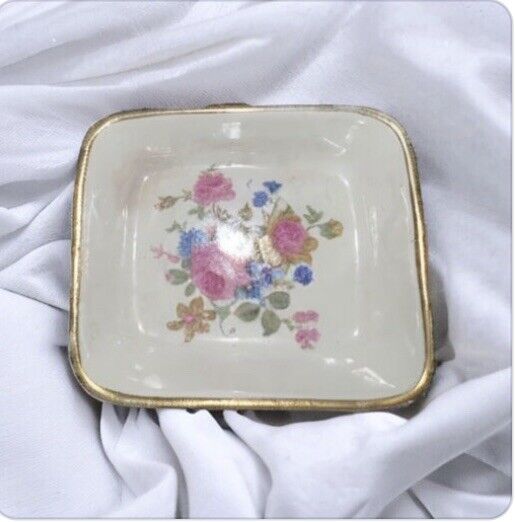 Antique Amoges Porcelain Trinket Dish Tray  Hand Painted, Floral, Gold Rim