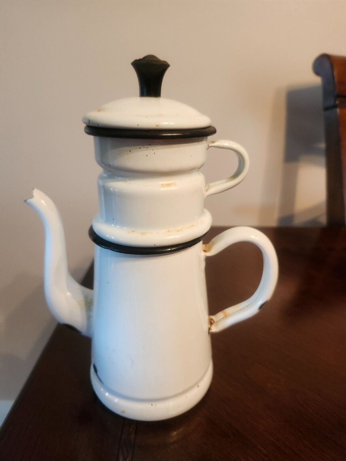 antique French enamel white double coffee pot 2 handles black trim