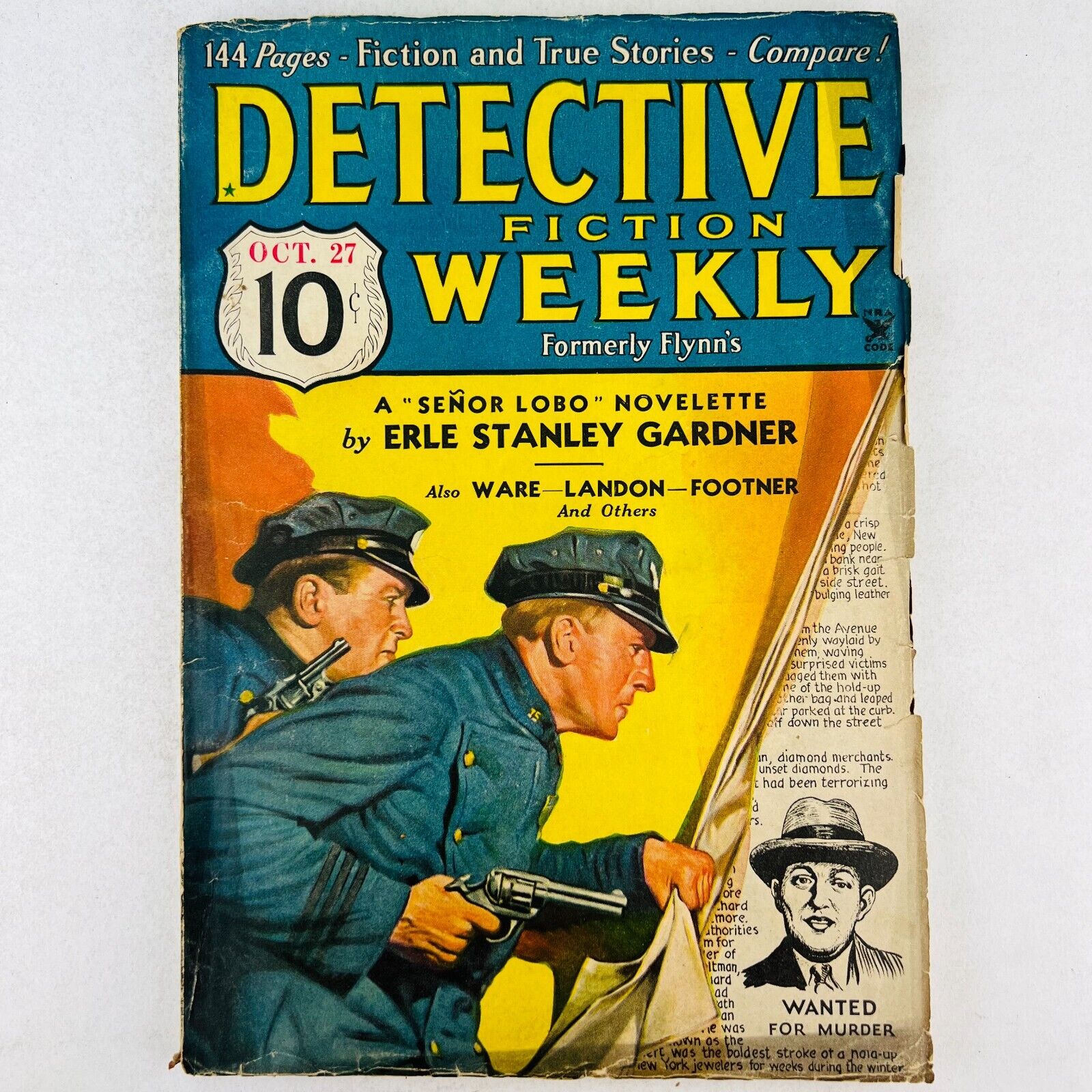 RARE PULP  DETECTIVE FICTION WEEKLY - 1934 OCT 27 -SENIOR LOBO - FN