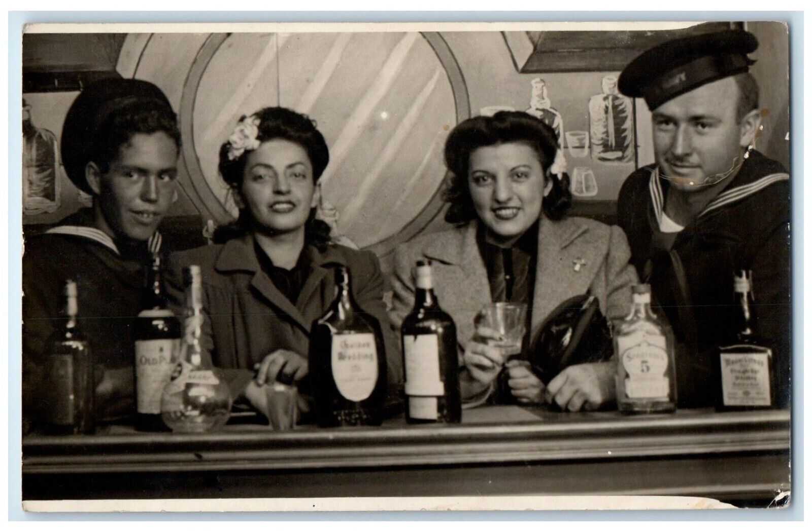 c1940's WWII Sailors Drinking Whiskey With Dates RPPC Photo Vintage Postcard