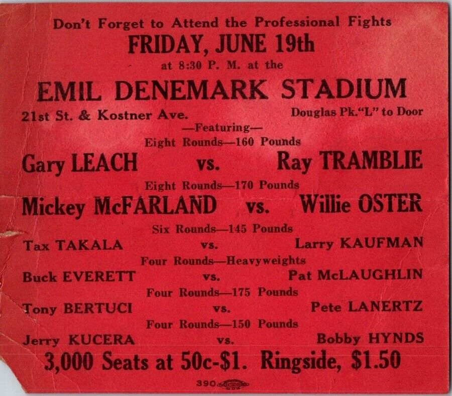 Vintage Boxing Lineup Ticket 1931 Chicago Denemark Stadium Mickey McFarland