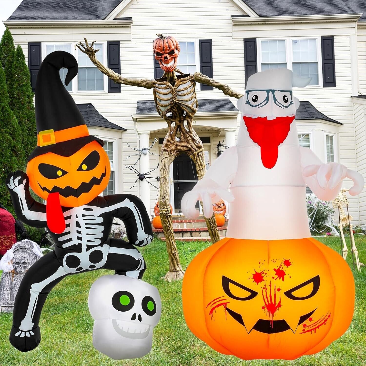 2 Pcs 5 FT Halloween Inflatables Decorations Ghost Pumpkin Skeleton Halloween 