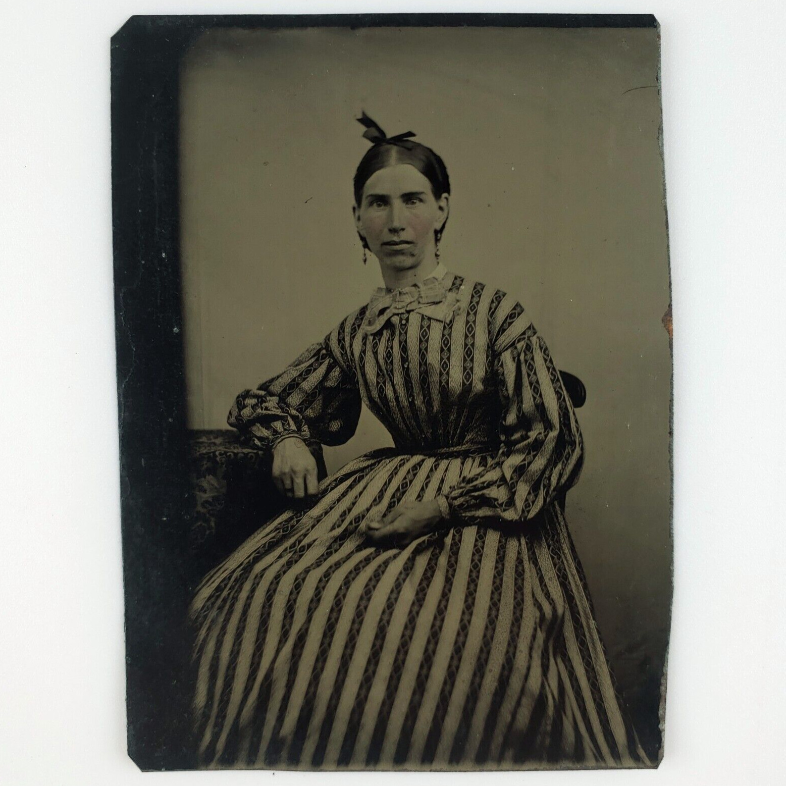 Eccentric Striped Dress Woman Tintype c1870 Antique 1/6 Plate Photo Lady C1994