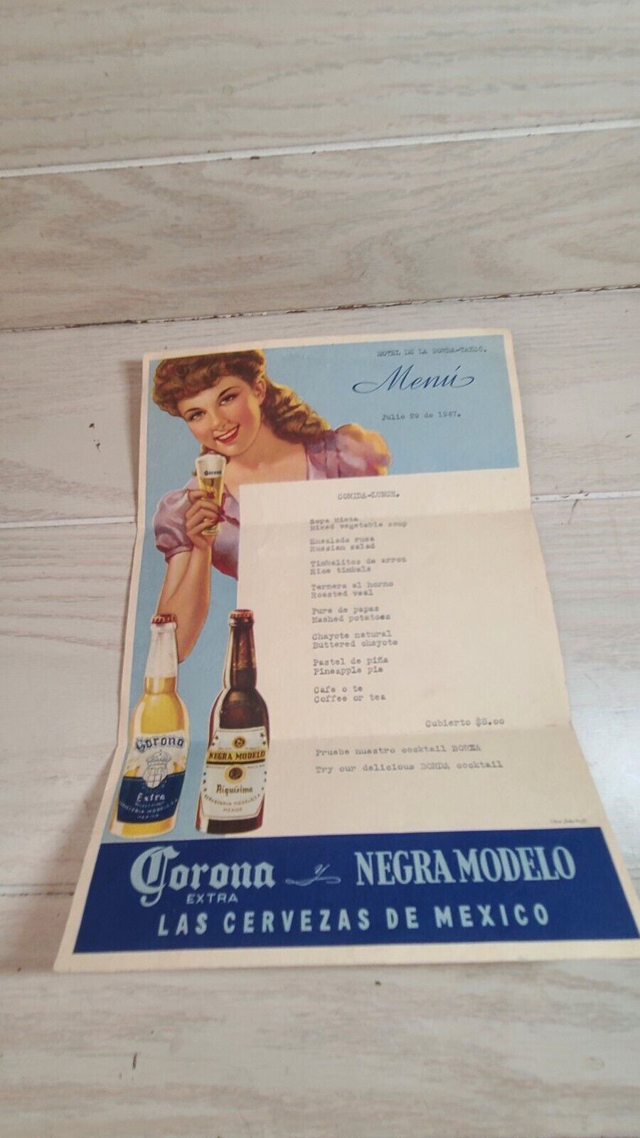 1947 Hotel De La Borda Taxco Menu Pin Up Girl Corona Negra Modelo Advertisement 
