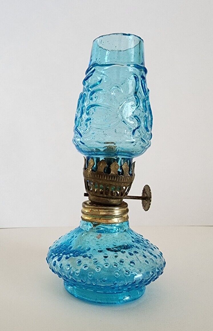 Vintage Mini Glass Oil Lamp 5 Inch Blue Hong Kong Granny Core