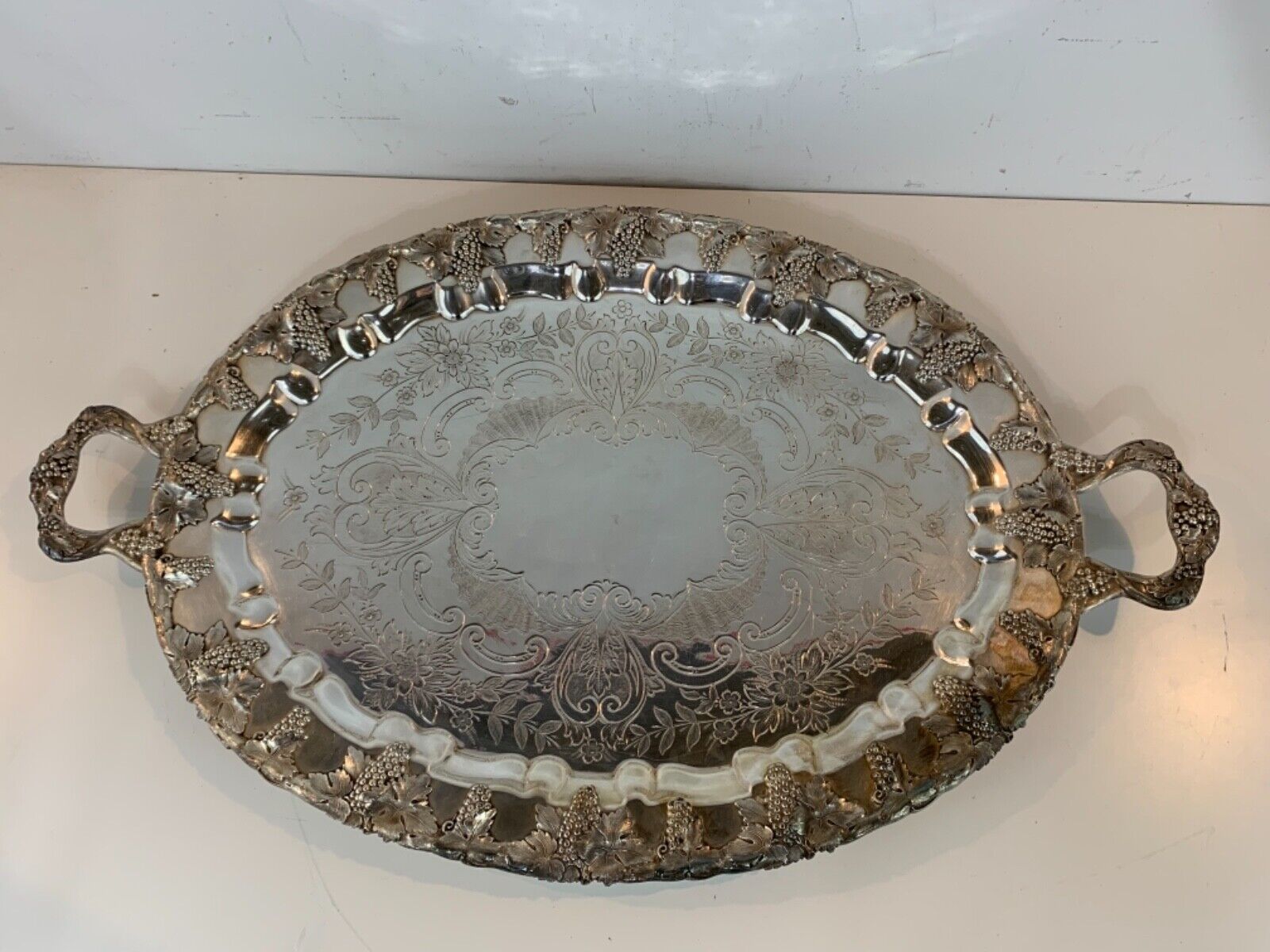 Vtg Barbour Silverplate Large Footed Serving Tray with Floral Decorations #5610