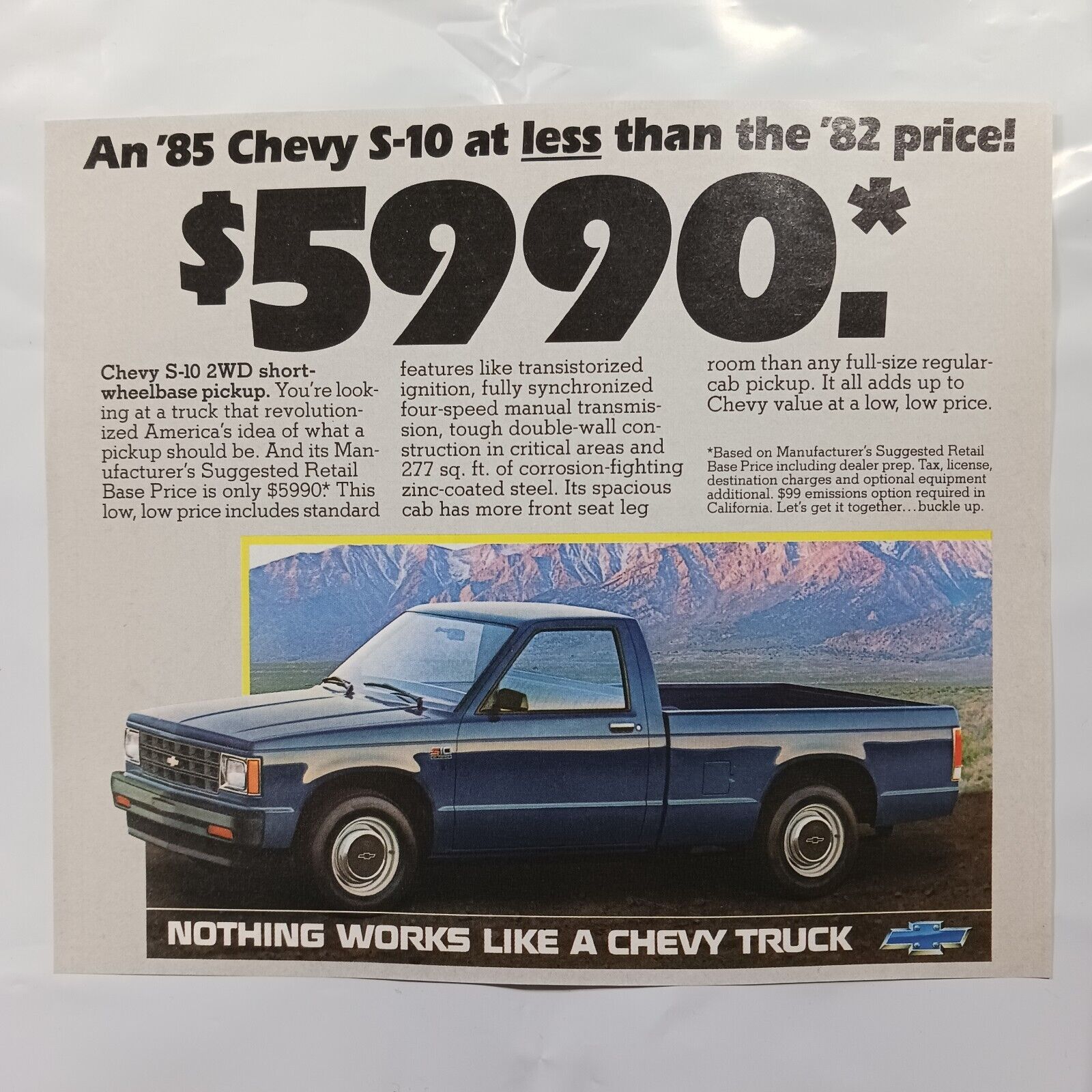 1985 VINTAGE CHEVY S-10 2WD SHORT WHEELBASE PICKUP PRINT AD