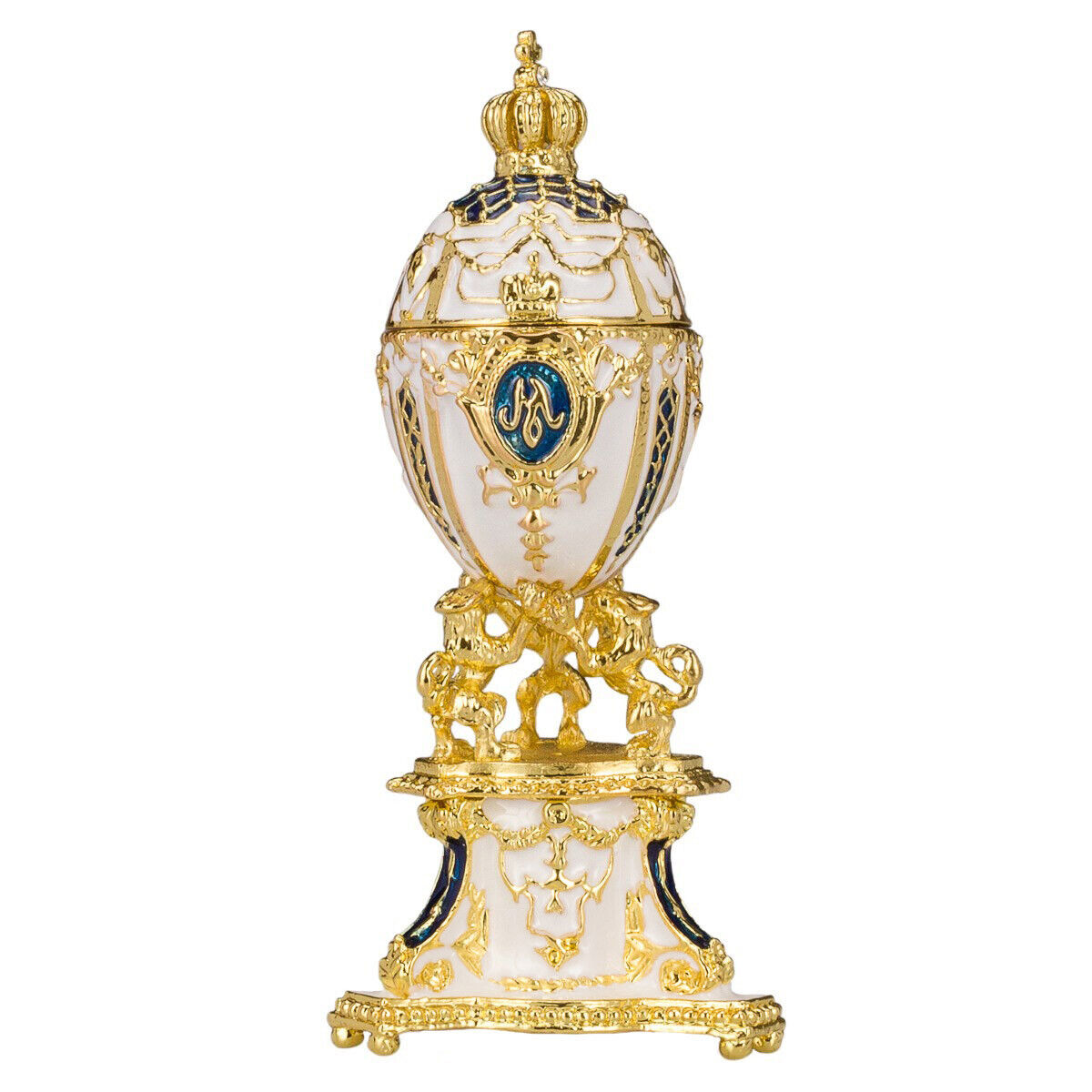 Faberge Royal Danish Jubilee Egg Trinket Jewel Box with Lions & Crown 3.5\'\' blue