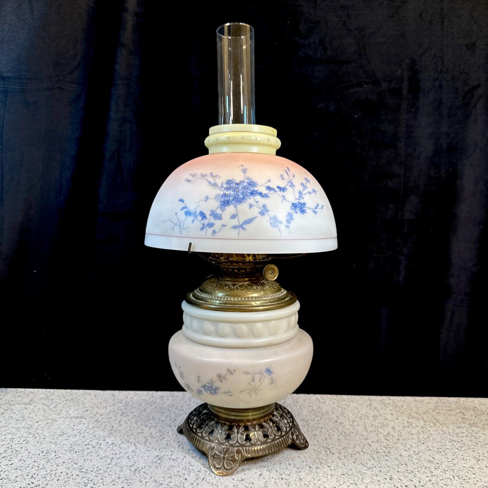 Antique Miller The Solar GWTW Hand Painted Oil Lamp + Burner & Hurricane Shade