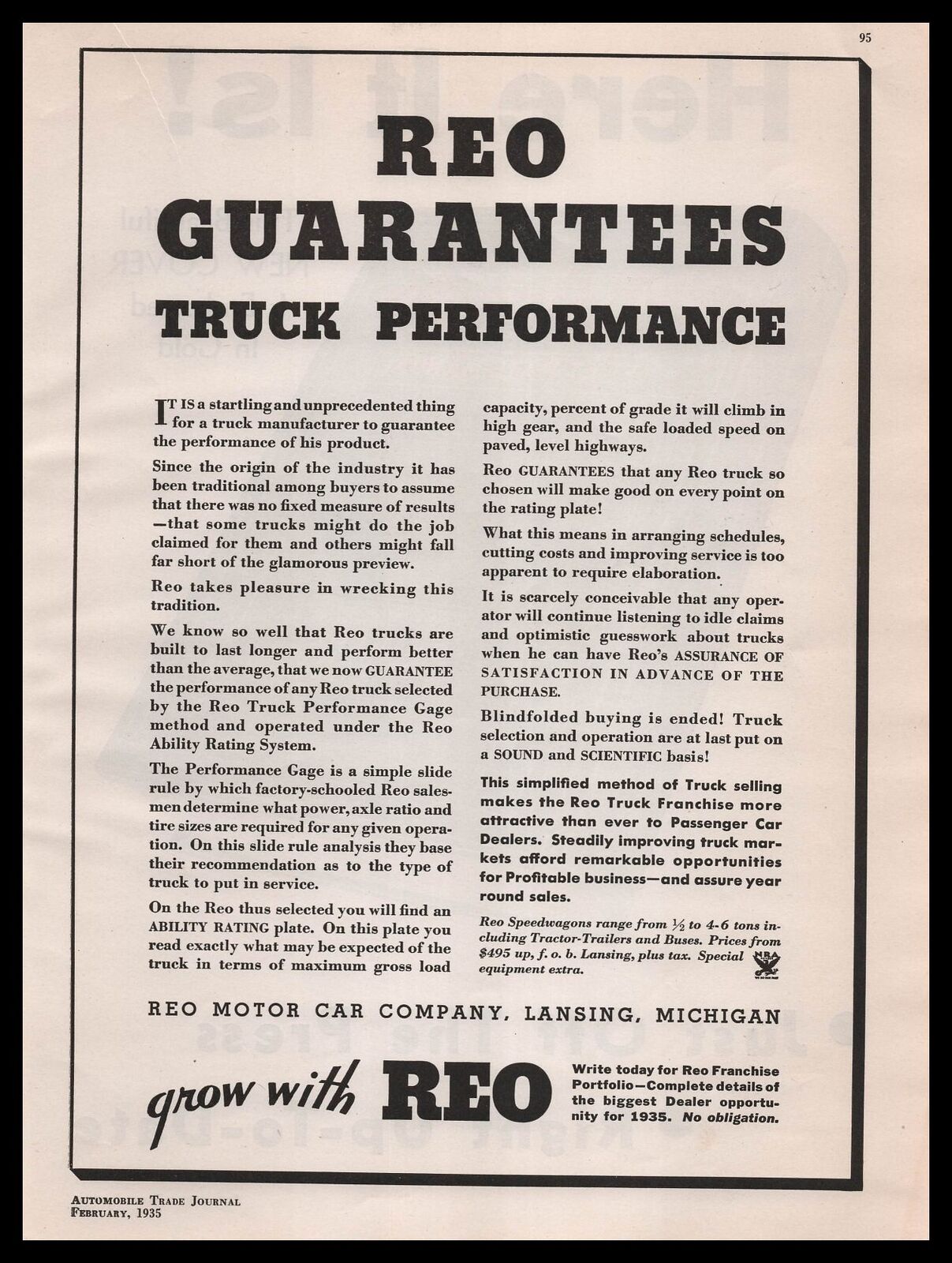 1935 REO Motor Car Company Lansing Michigan Truck Performance Vintage Print Ad