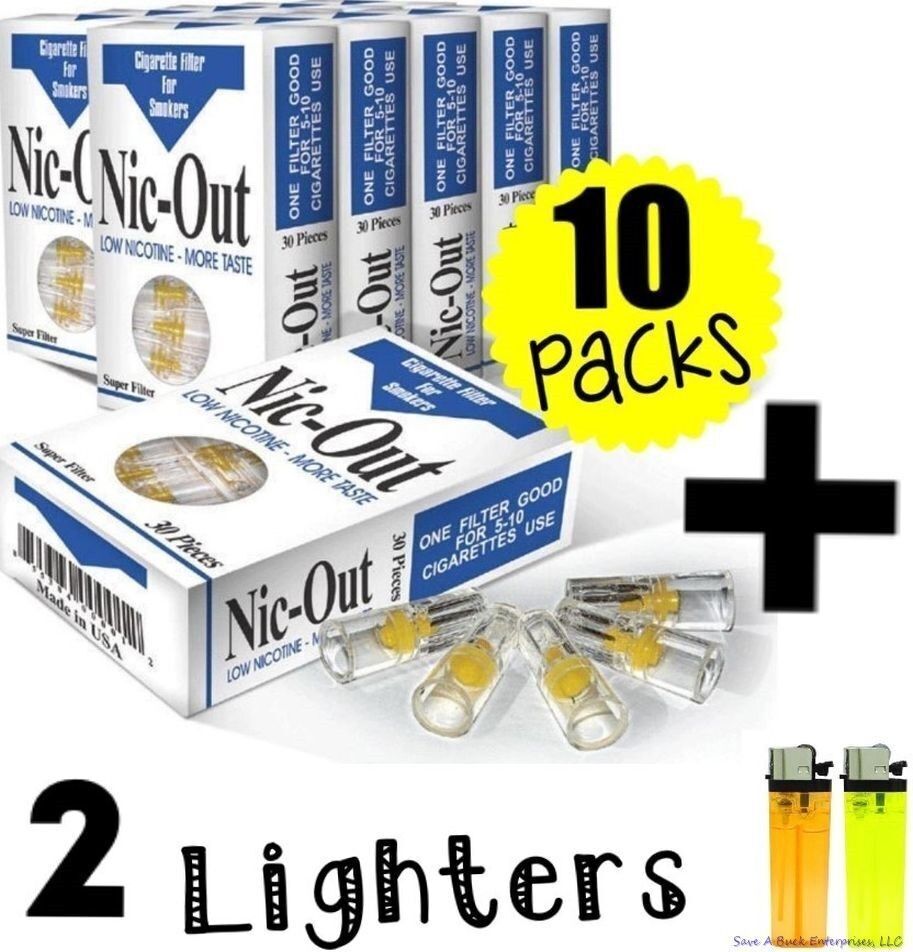Cigarette Filters, NIC-OUT Disposable Holders (300) 10 Packs - 2 FREE LIGHTERS
