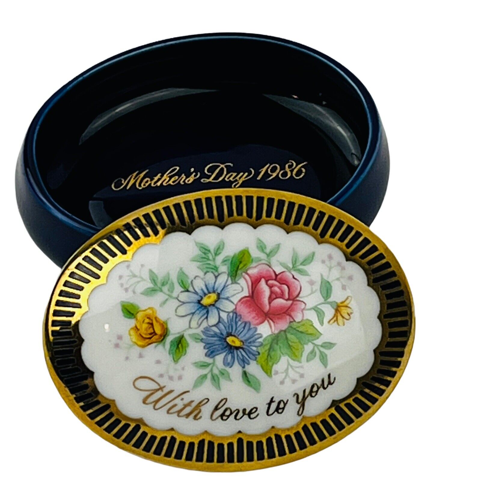 Vintage Avon Trinket Box Mothers Day 1986 Cobalt Blue Porcelain Gold Trim Floral