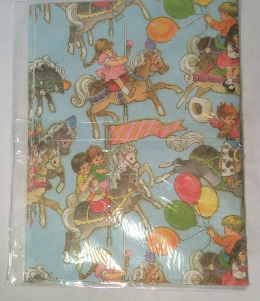 NOS 1980\'s Vtg Kids carnival horses Carousel Cowboy Gift Wrap Paper Kirby Koala