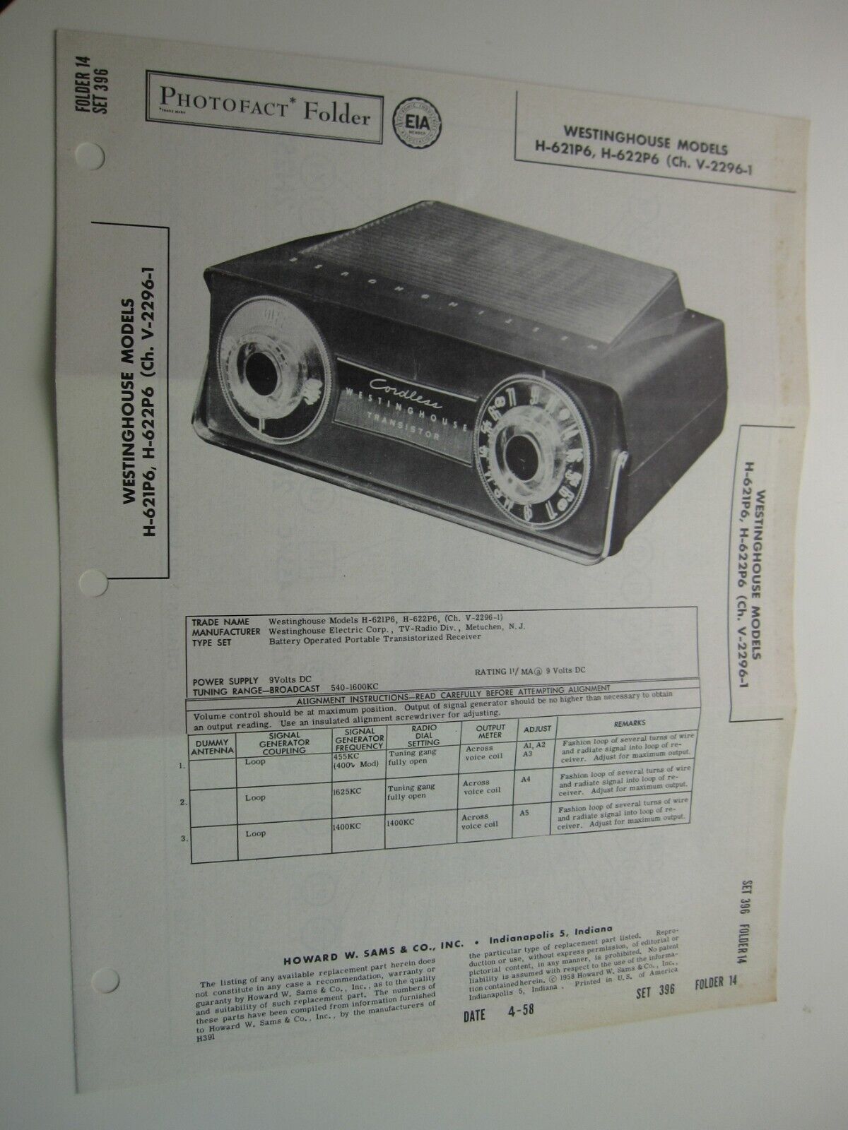 1950\'s Sams Photofact WESTINGHOUSE Model H-621P6  H-622P6 (Ch. V-2296-1)  BIS