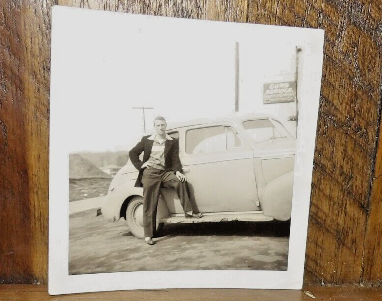 Sale is for a Circa 1950\'s Snapshot- Man Leaning on a Car