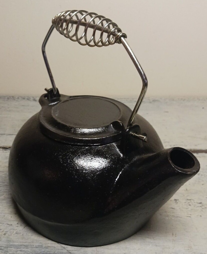 Vintage 10”Cast Iron TeaPot Kettle Swivel Lid & Stainless Bail Coil Handle 9+lbs