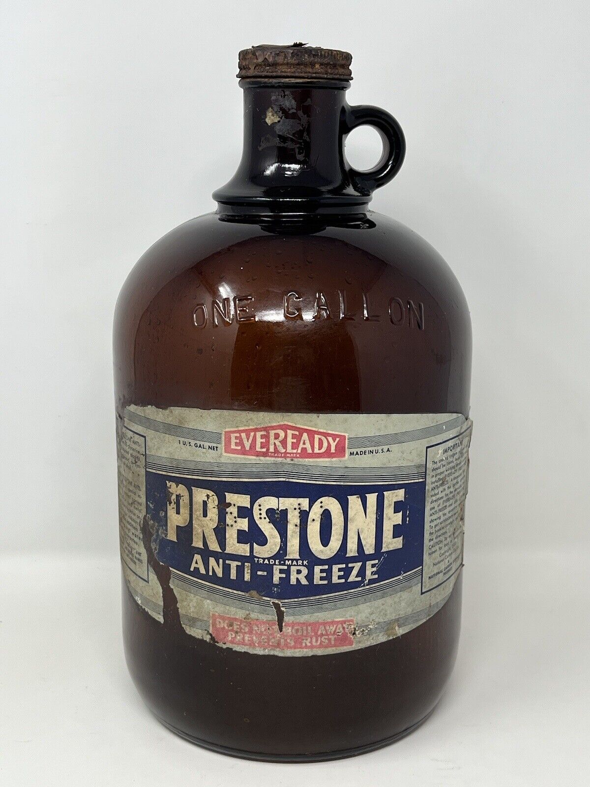 VTG Antique 1930s Original Eveready Prestone Anti-Freeze Amber Glass Gallon Jug