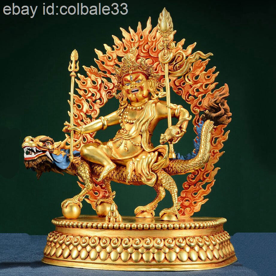 25cm Exquisite Copper gilt carving White dzambhala on dragon statue Tibet