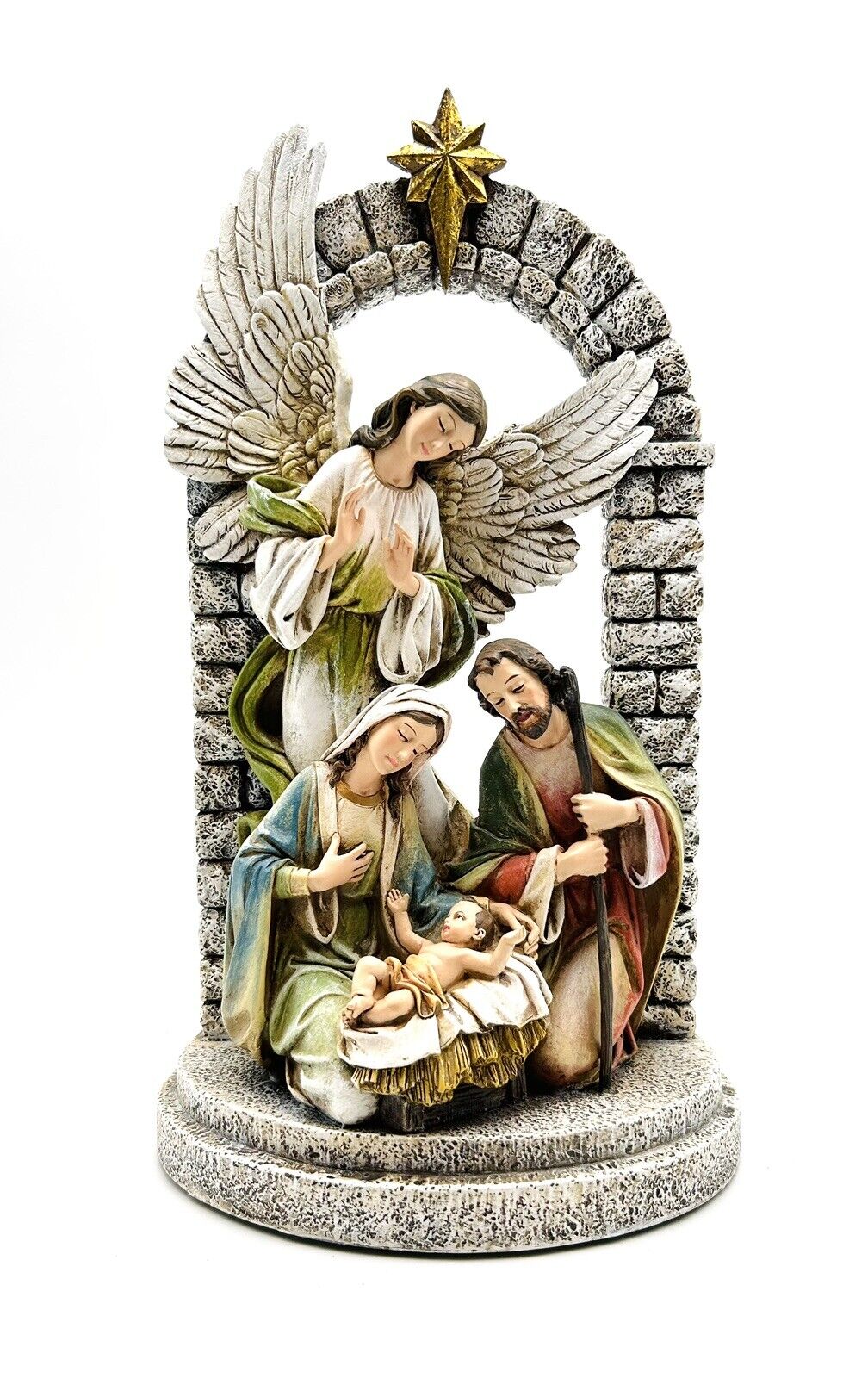 Holy Family Nativity Scene 14.5” Tall Jesus Mary Joseph Statue With Angel 